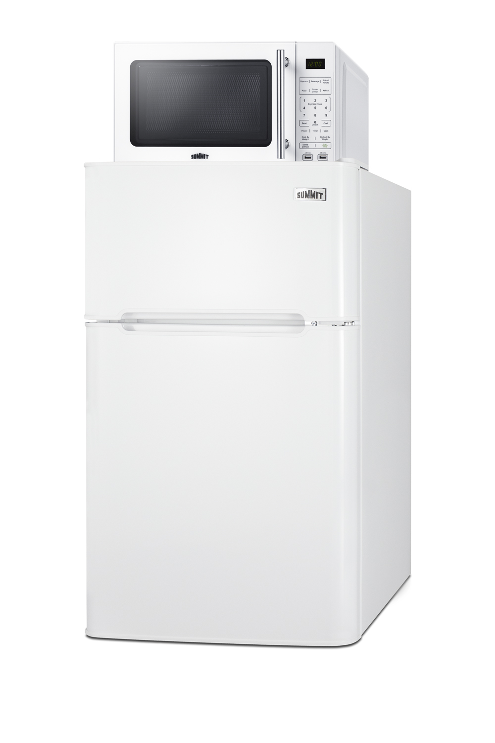 2-door refrigerator-freezer and compact microwave in white with allocator and USB ports for 1-plug operation; ships in three boxes on one pallet